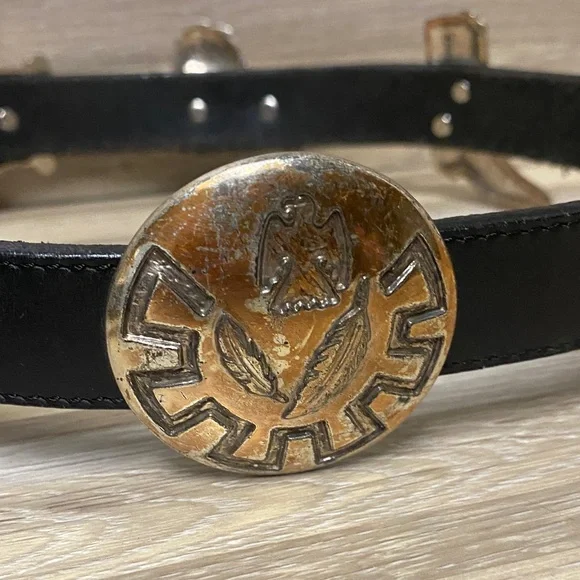 Black Leather Belt with Gold Accents - Picture 6 of 8